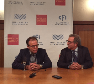 Tom McCarthy (left), director of the film ‘Spotlight,’ is welcomed by Mark Fishkin, Founder and Executive Director of MVFF, at a press conference preceding a screening on opening night. Photo by Molly Oleson