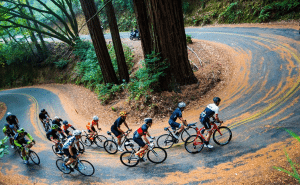 Riders negotiate a hairpin turn.