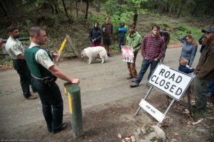 In May, foes of a logging project in Klamath National Forest blocked a logging road to protest the plan. Photo courtesy of Kimberly Baker.