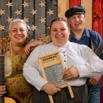 No single actor plays Guthrie. Instead, three performers provide the voice of the folk poet at various stages in his life. Photo by Ray Mabry FOLK POETS Tika Moon, Molly Larsen-Shine and Matthew Witthaus.