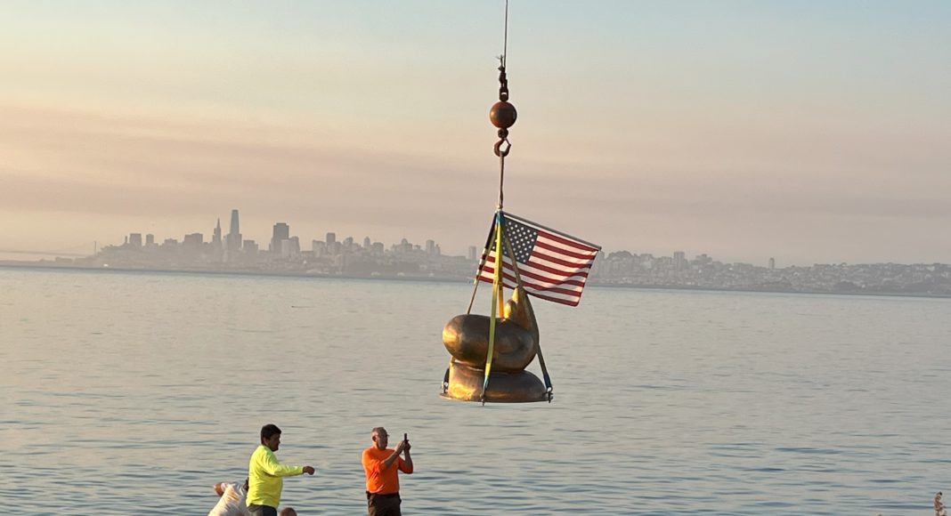 Sausalito sea lion sculpture lifted by crane to reinstall