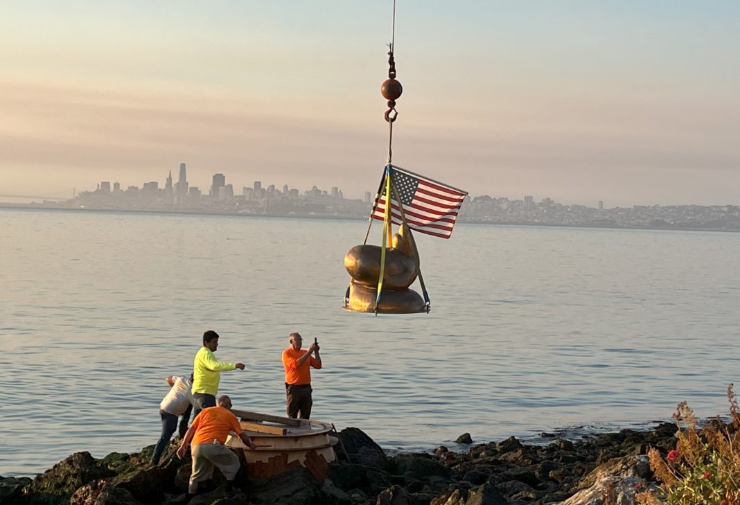 Sausalito sea lion sculpture lifted by crane to reinstall