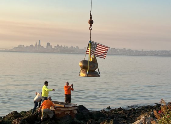 Sausalito sea lion sculpture lifted by crane to reinstall