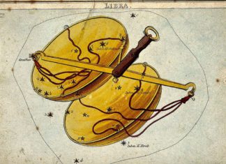 Antique illustration of the Libra constellation showing golden scales and labeled stars.