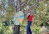 Erma Murphy, executive director of O'Hanlon Center for the Arts, standing on a wood board with her hand around a tree branch.
