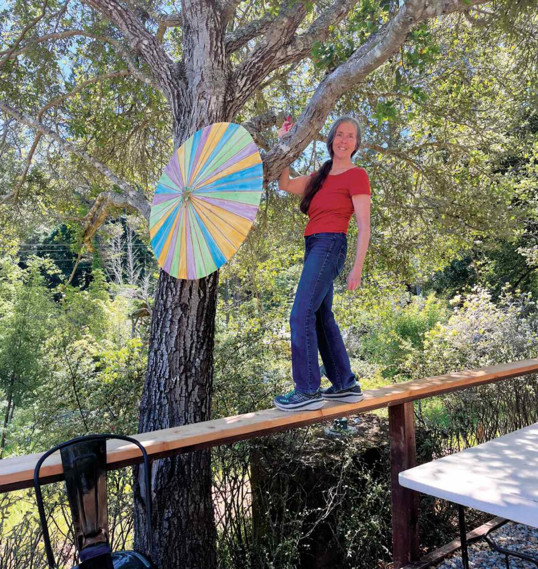 Erma Murphy, executive director of O'Hanlon Center for the Arts, standing on a wood board with her hand around a tree branch.