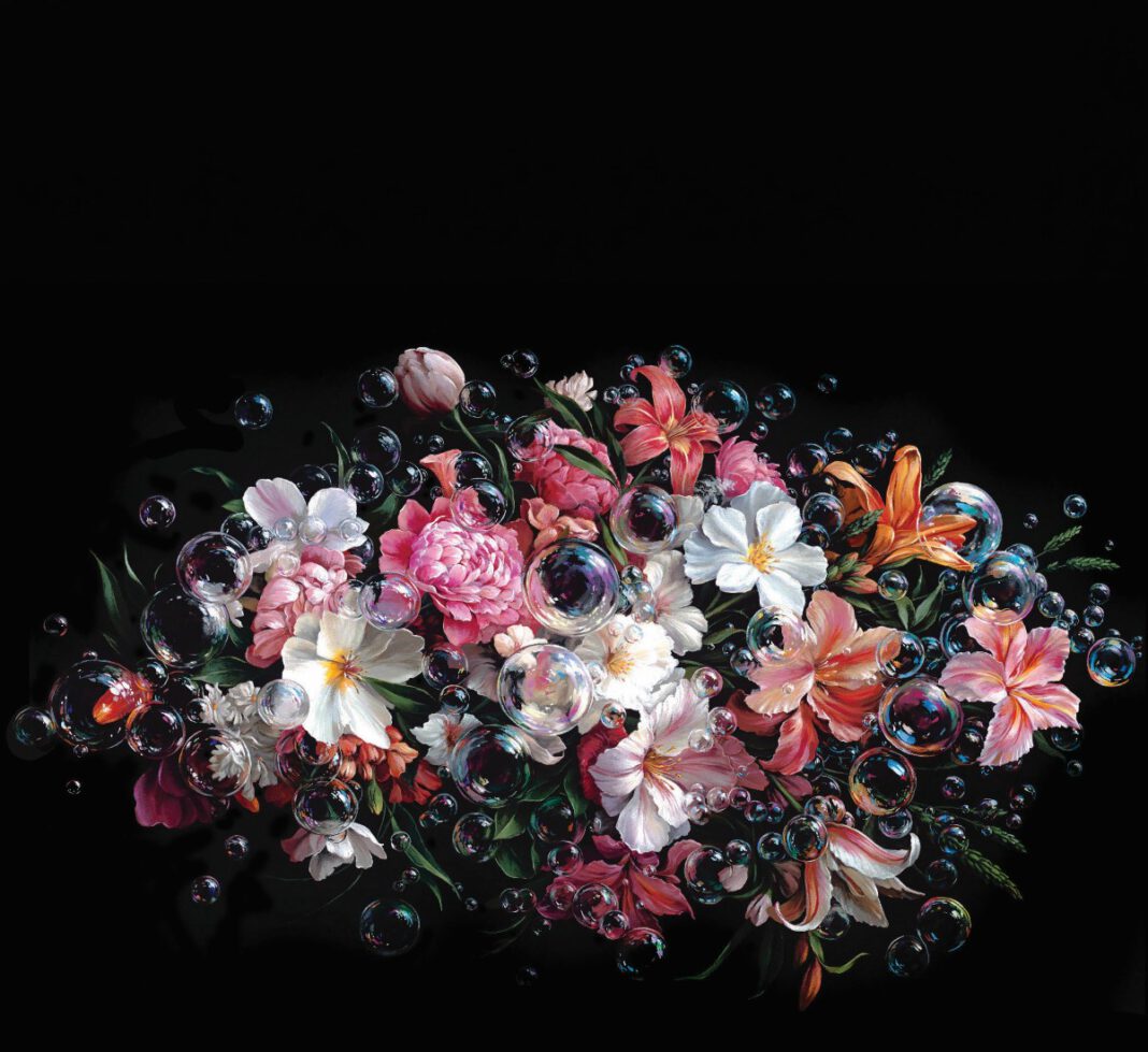 Colorful flowers and bubbles in Jake Messing’s acrylic painting “Bubbling Blooms”