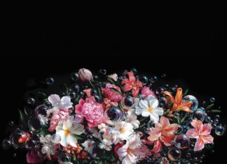 Colorful flowers and bubbles in Jake Messing’s acrylic painting “Bubbling Blooms”