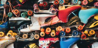 A group of roller skates arranged together.