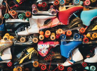 A group of roller skates arranged together.