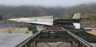 A restored Nike Hercules missile displayed outdoors at the SF-88 missile site in the Marin Headlands.