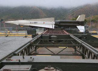 A restored Nike Hercules missile displayed outdoors at the SF-88 missile site in the Marin Headlands.