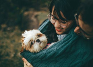 Woman holding a small dog outdoors.