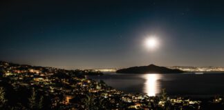 Full moon shining over the Marin landscape and water.