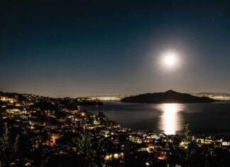 Full moon shining over the Marin landscape and water.