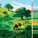 A stylized painting of a cow grazing on green rolling hills dotted with oak trees, beside an abstract panel of horizontal stripes in green, orange and pink.