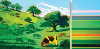 A stylized painting of a cow grazing on green rolling hills dotted with oak trees, beside an abstract panel of horizontal stripes in green, orange and pink.