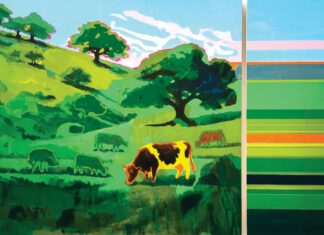 A stylized painting of a cow grazing on green rolling hills dotted with oak trees, beside an abstract panel of horizontal stripes in green, orange and pink.