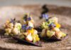 Season to Taste: Dee Wagner Gets Real About ‘Farm-to-Table’ Pink shrimp ceviche with diced mango served on two blue corn tortilla chips.