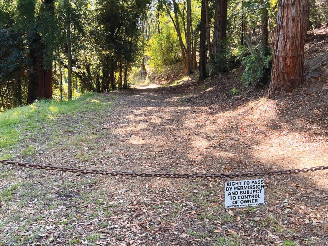A rusted chain blocks a dirt trail through redwoods, with a sign reading 