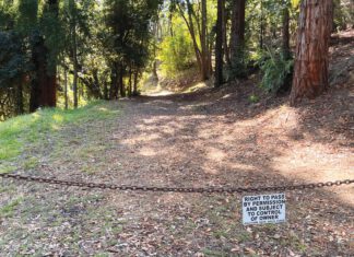 Surly Gates: Corte Madera’s Tale of Wealth, a Walking Path and Politics A rusted chain blocks a dirt trail through redwoods, with a sign reading "Right to Pass by Permission and Subject to Control of Owner."