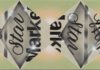 A painting of gray diamond shapes on a green background has the words “Star” and “Market”