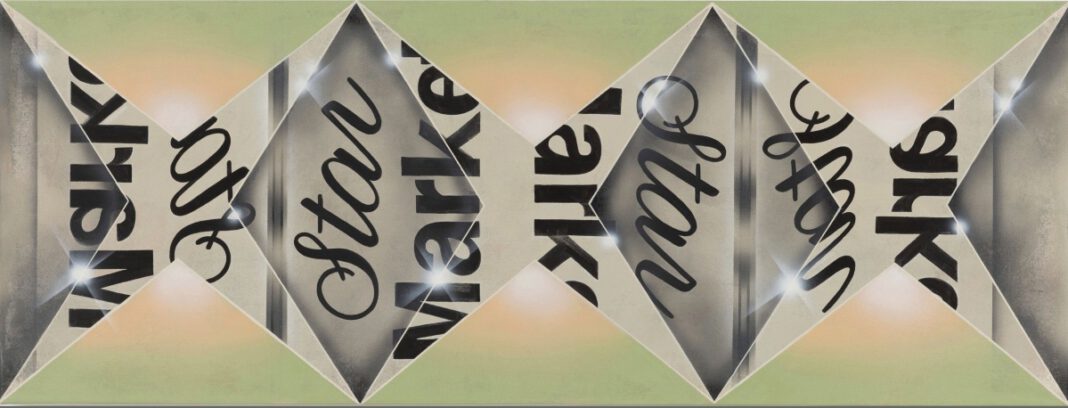 A painting of gray diamond shapes on a green background has the words “Star” and “Market”