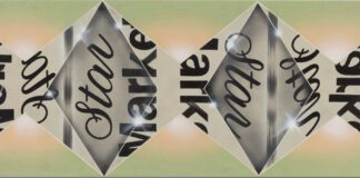 A painting of gray diamond shapes on a green background has the words “Star” and “Market”