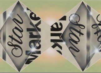 Artist Tucker Nichols Curates MarinMOCA’s Exhibit ‘In Other Words’ A painting of gray diamond shapes on a green background has the words “Star” and “Market”