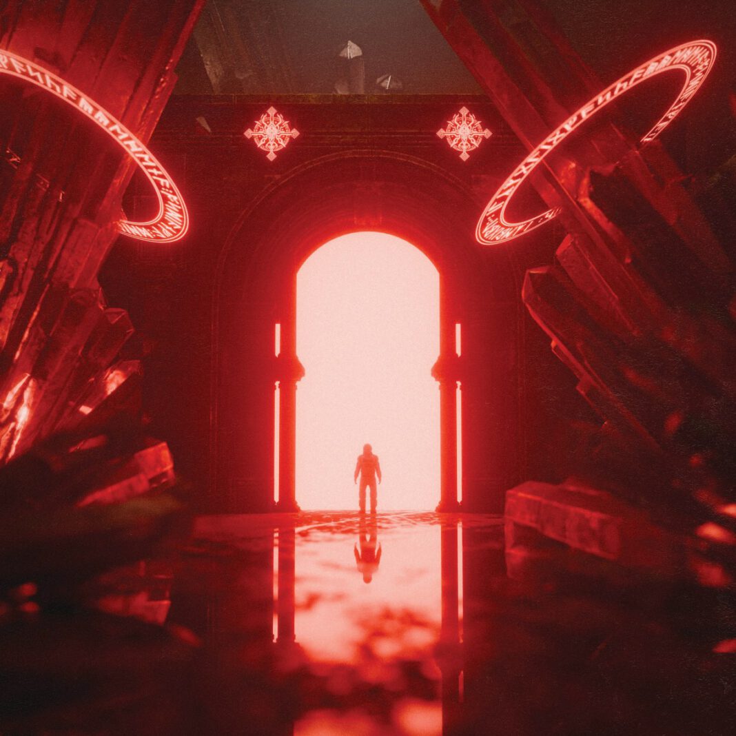 A lone figure stands in a bright archway at the end of a room with red light.